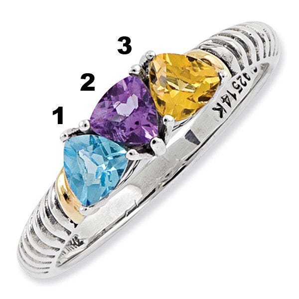 Sterling Silver & 14k Gold Antiqued Mother's Ring w/ Three Trillion Birthstones