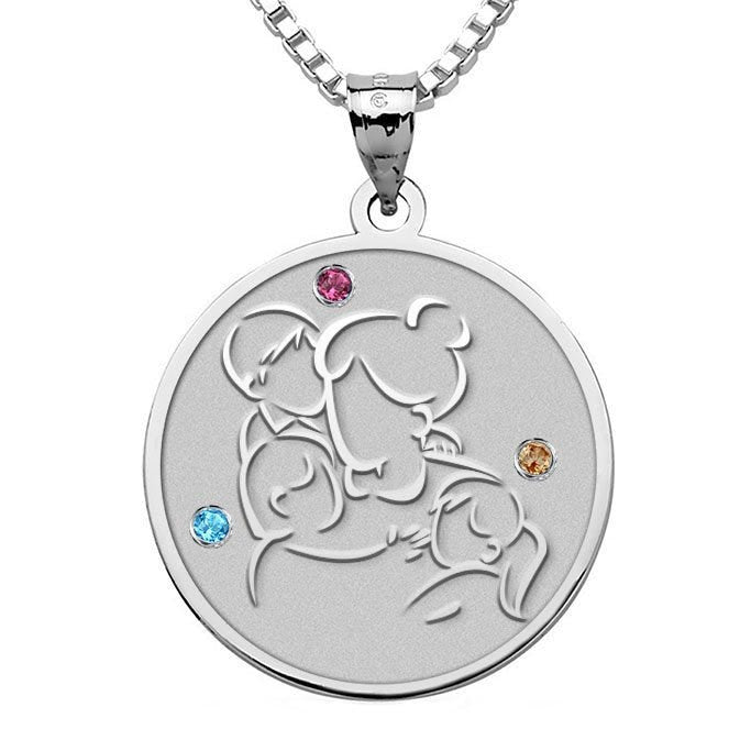 Mother with Son and 2 Daughters Round Pendant w/  Birthstones