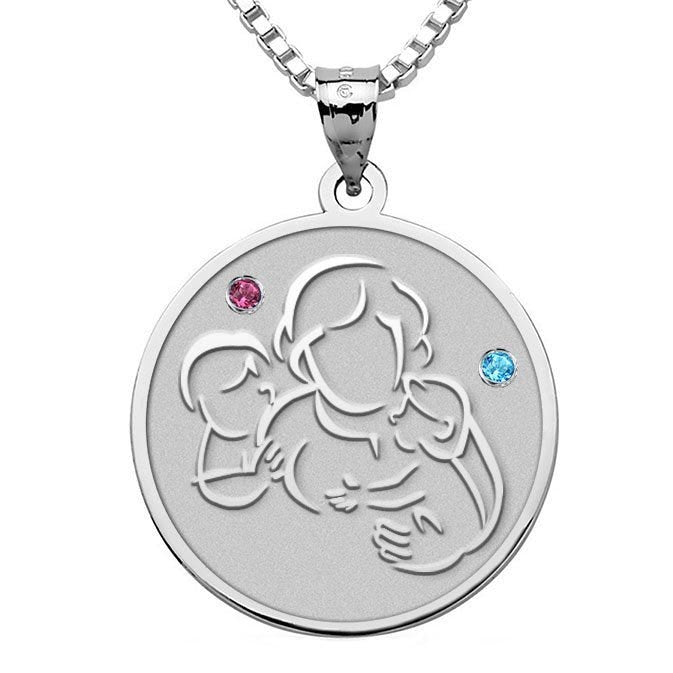 Mother with Son and Daughter - Round Pendant w/ Birthstones
