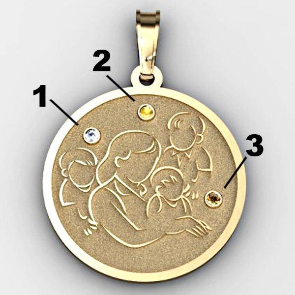 Mother with Three Sons - Round Pendant with Birthstones