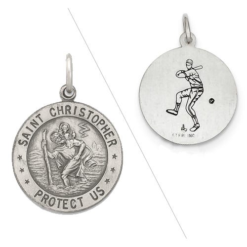 Sterling Silver Saint Christopher Double Sided Baseball Round Religious Medal