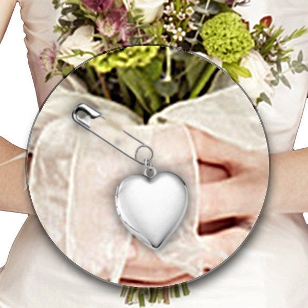 Sterling Silver Wedding Bouquet Heart Photo Locket With Safety Pin - 3/4 inch x 3/4 inch