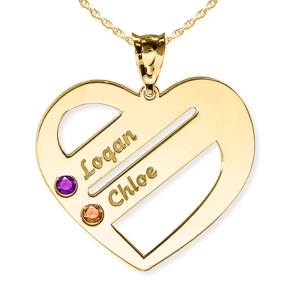 Personalized Heart Family Pendant with 2 Birthstones & Names- Includes 18 Inch Chain