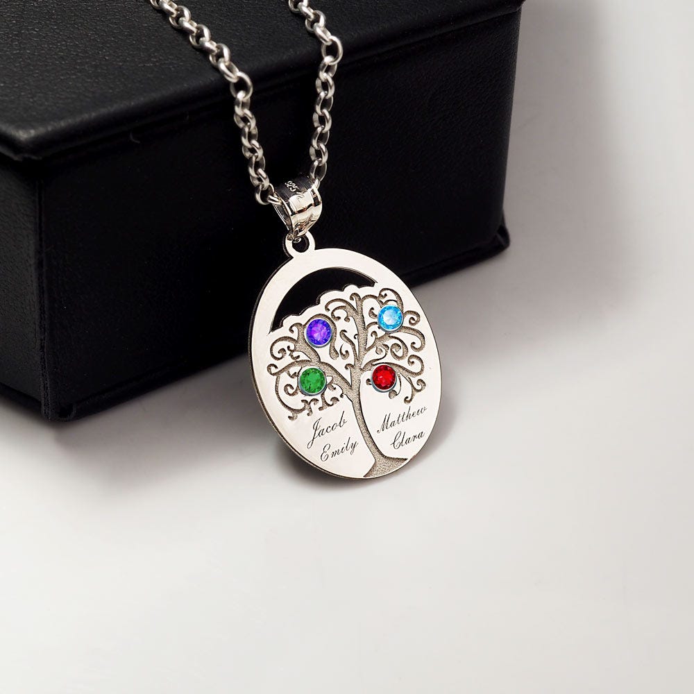 Personalized Family Tree Pendant with 4 Names and Birthstones- Includes 18 Inch Chain