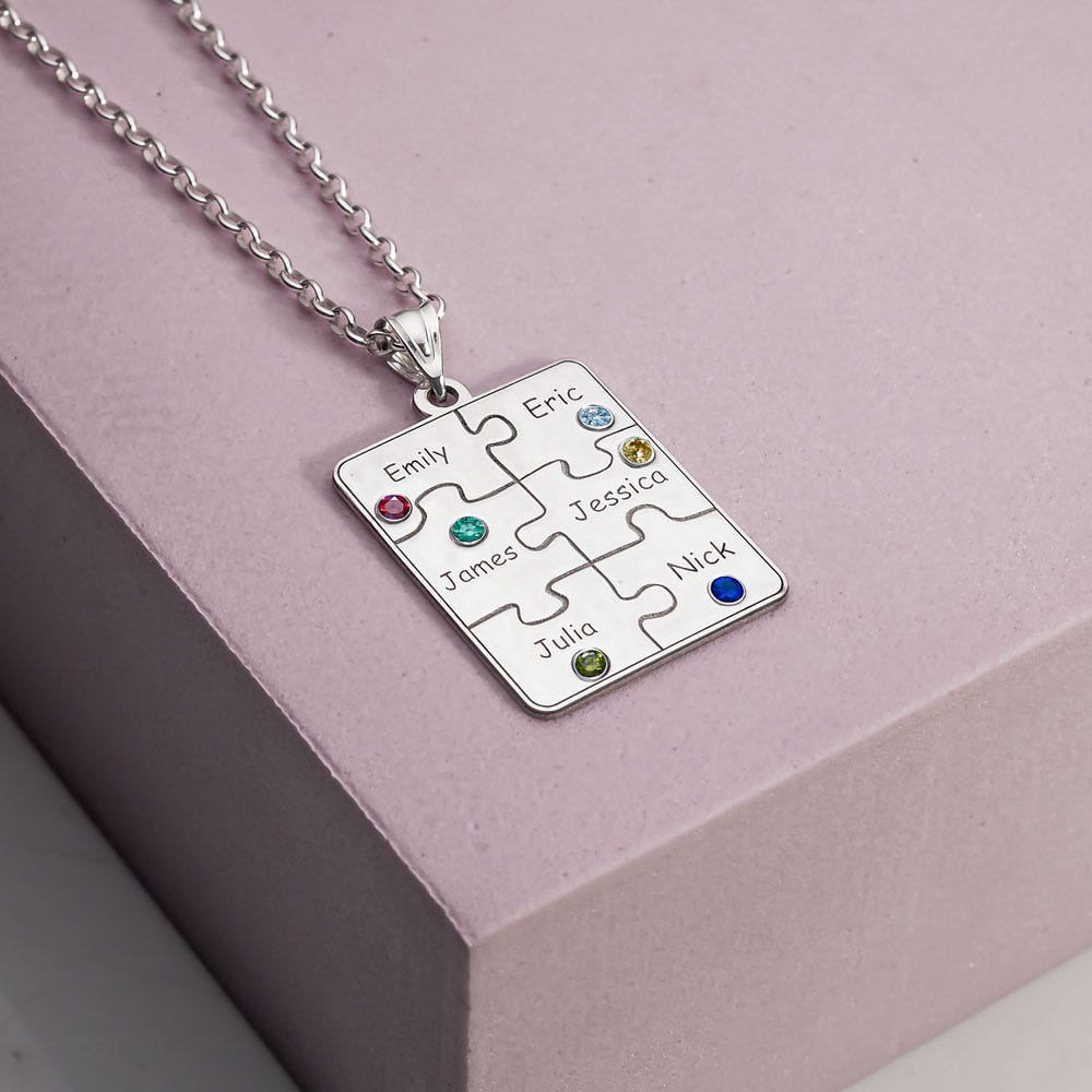 Personalized Family Six Piece Jigsaw Puzzle Pendant- Includes 18 Inch Chain
