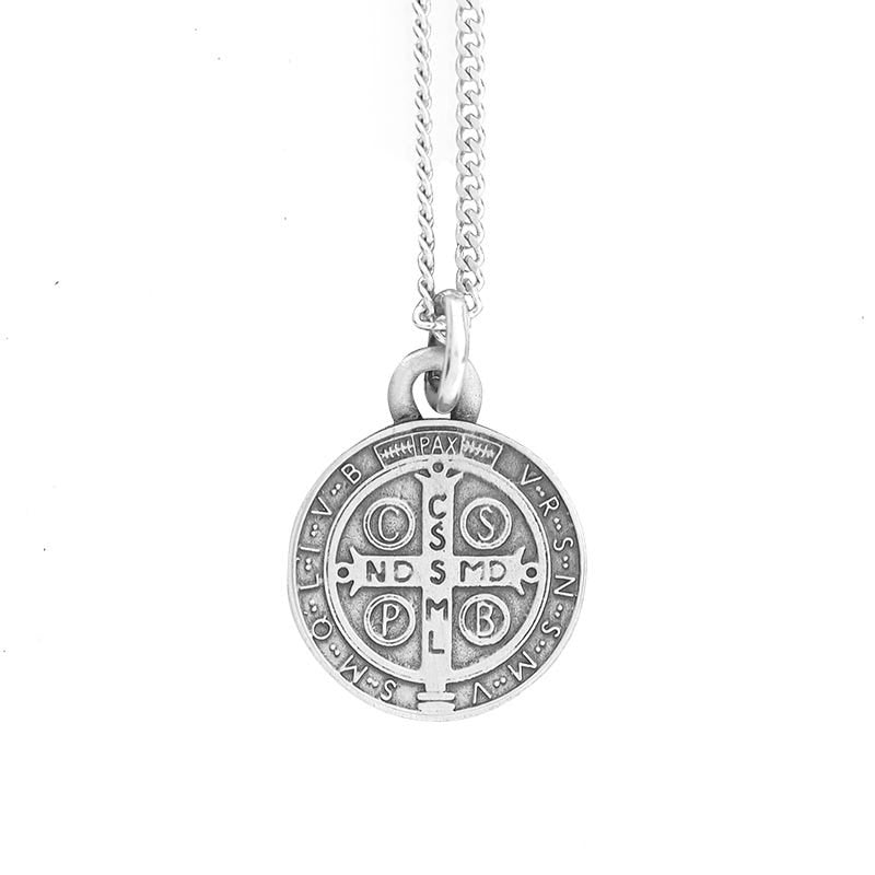 Antique Pewter Saint Benedict Medal w/ Continuous Curb Chain