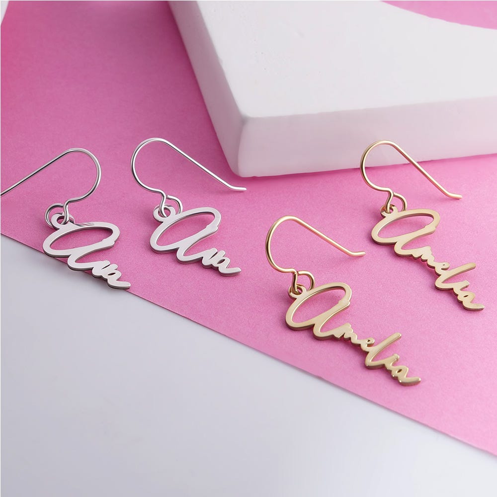 Pair Of Modern Script Name Dangle Earrings