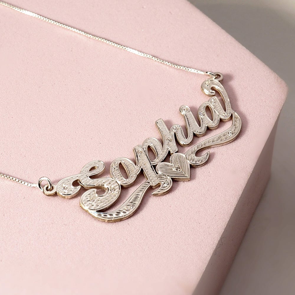 Diamond Cut Script Name Necklace with Cubic Zirconia - Chain Included