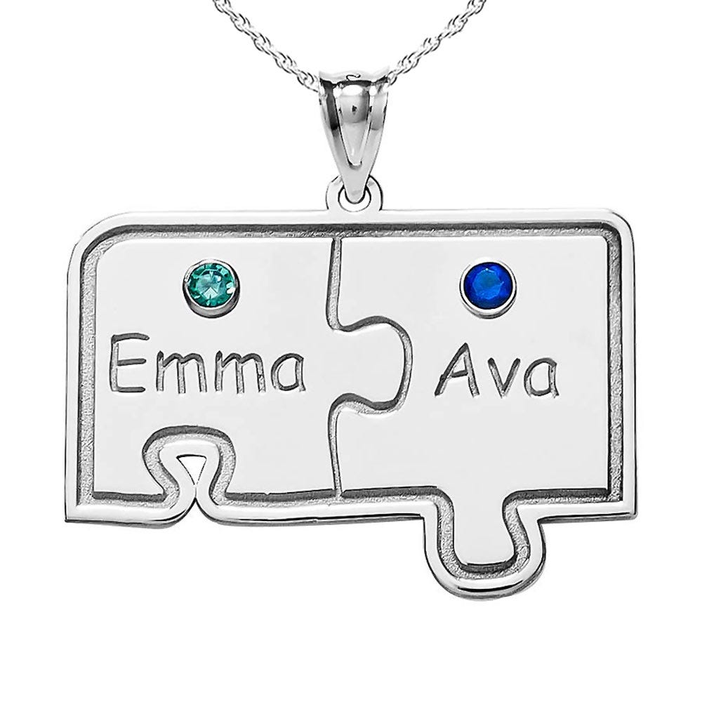 Personalized Family Two Piece Jigsaw Puzzle Pendant with Birthstones- Includes 18 Chain