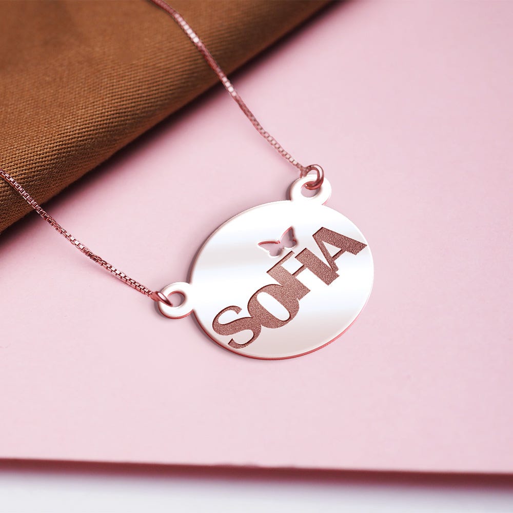 Modern Dianty Round Name Pendant w/ Butterfly Cut-Out