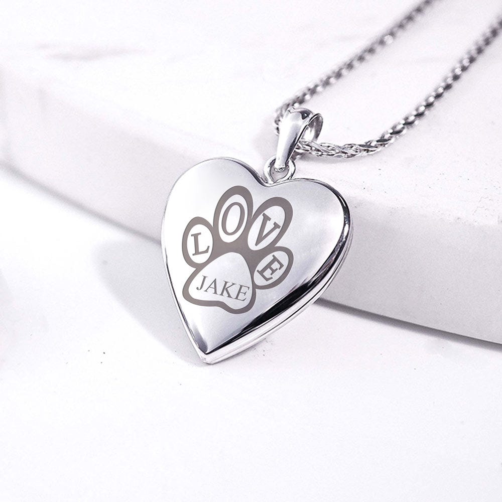 Sterling Silver Personalized Paw Print Heart Photo Locket