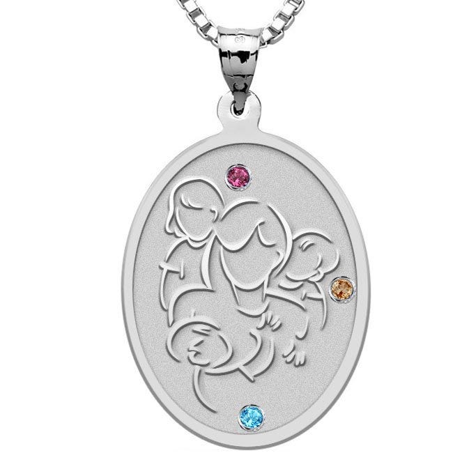 Mother with Daughter and Two Sons with Birthstones - Oval Pendant