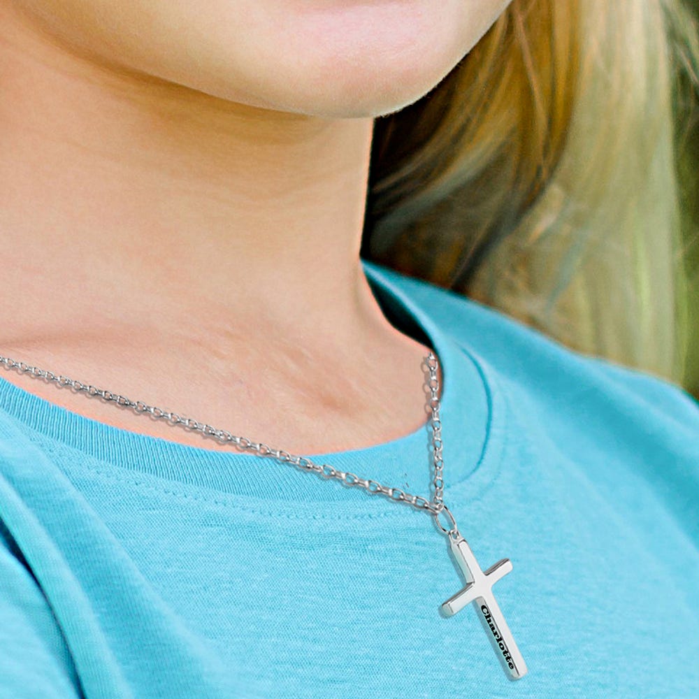Unisex Personalized Cross Necklace Engraved Pendant w/ 18 Inch Chain