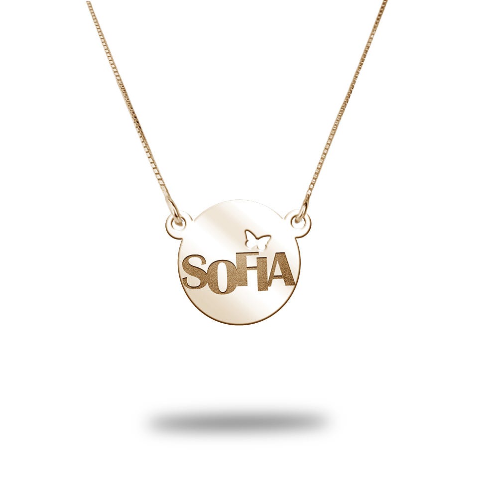 Modern Dianty Round Name Pendant w/ Butterfly Cut-Out