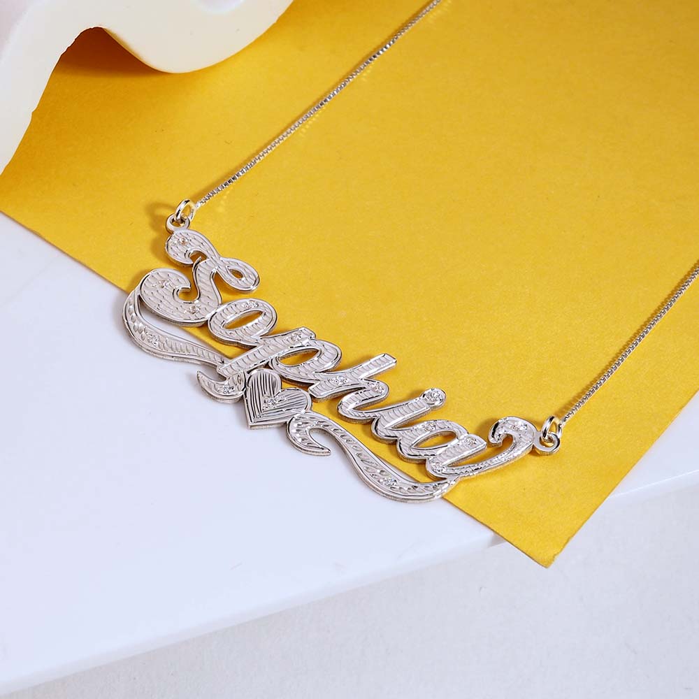 Diamond Cut Script Name Necklace with Cubic Zirconia - Chain Included