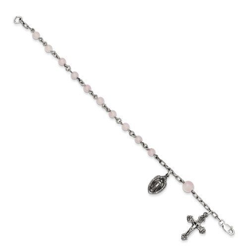 Sterling Silver  Rose quartz Rosary Bracelet /with Miraculous Medal - 6-1/2 Inch Sterling Silver Rosary Bracelet