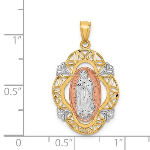 14K Tri-Color Gold Our Lady Of Guadalupe Floral Cut-Out Border Religious Medal
