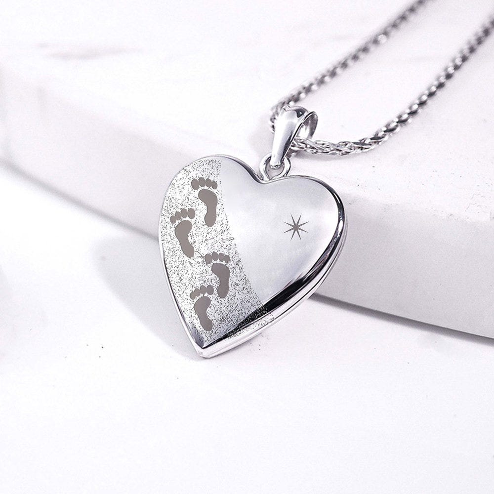 Sterling Silver Footprints with Starburst Heart Photo Locket
