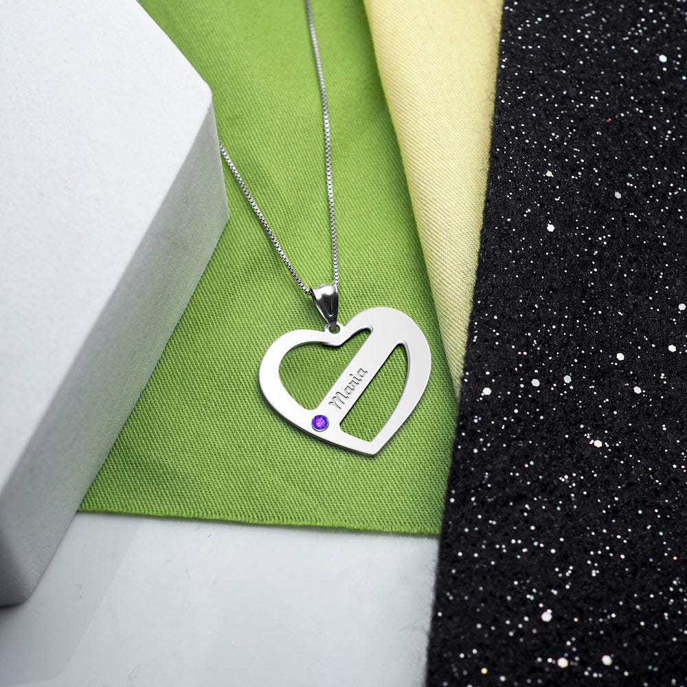 Personalized Heart Family Pendant With Birthstone & Name- Includes 18 Inch Chain
