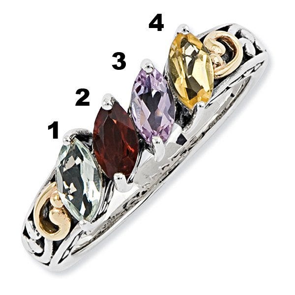 Sterling Silver & 14k Four-stone  Antiqued Mother's Ring