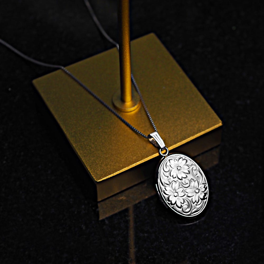 Sterling Silver Floral Oval Photo Locket