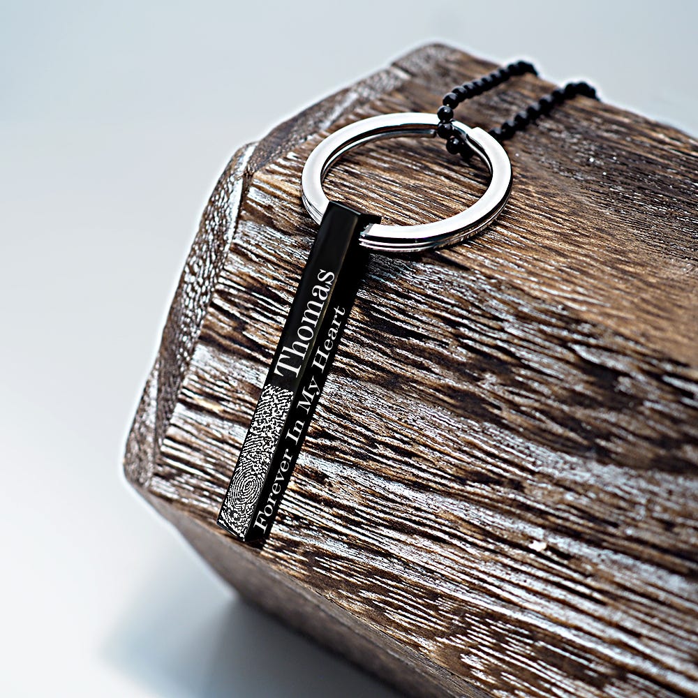 Personalized Black Stainless Steel Fingerprint Vertical 3D Bar Necklace