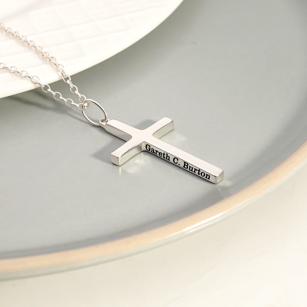 Unisex Personalized Cross Necklace Engraved Pendant w/ 18 Inch Chain