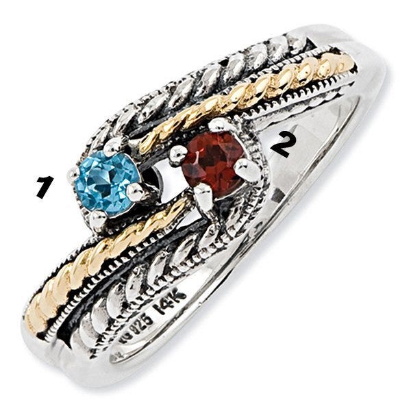 Sterling Silver & 14k Two-stone  Antiqued Mother's Ring