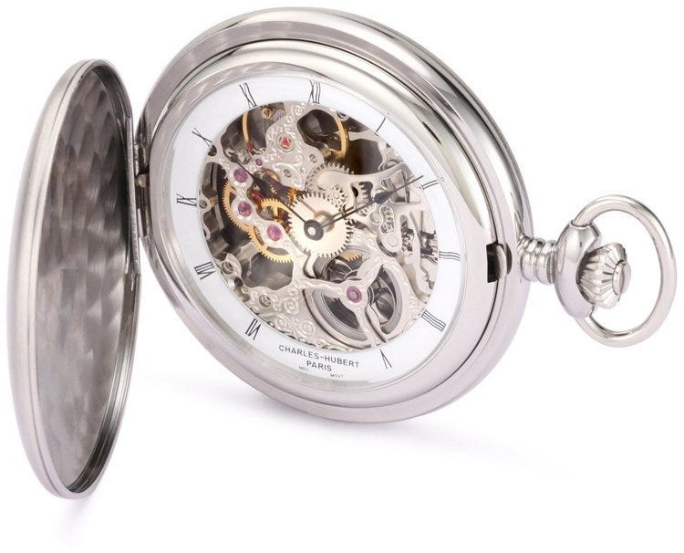 Charles-Hubert Paris Stainless Steel Satin Finish Hunter Case Mechanical Pocket Watch