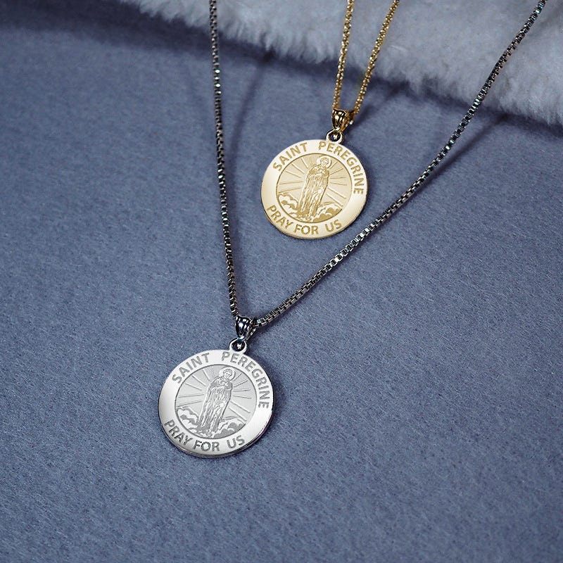 Saint Peregrine Double Sided Patron Saint of Cancer Round Religious Medal w/ Color Ribbon