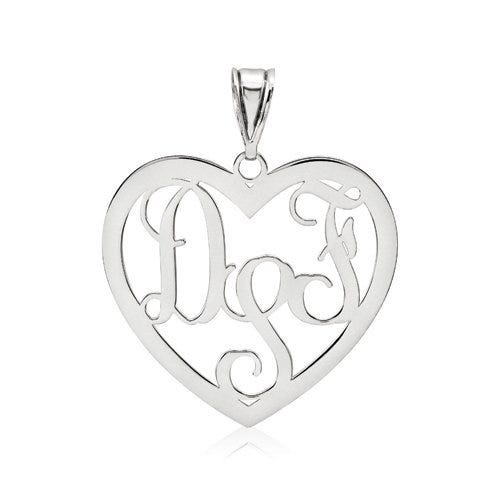 Heart Shaped Vine Script 3 Letter Monogram Cut-Out Pendant