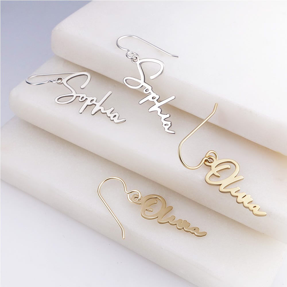 Pair Of Modern Script Name Dangle Earrings