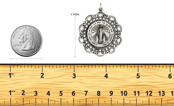 Sterling Silver Miraculous Medal Antiqued Scalloped Round Pendant