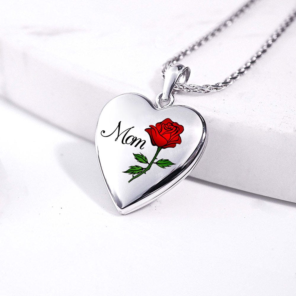 14k White Gold Mom Heart Photo Locket