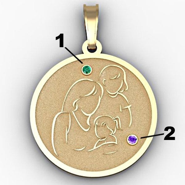 Mother with Two Daughters - Round Pendant Birthstone