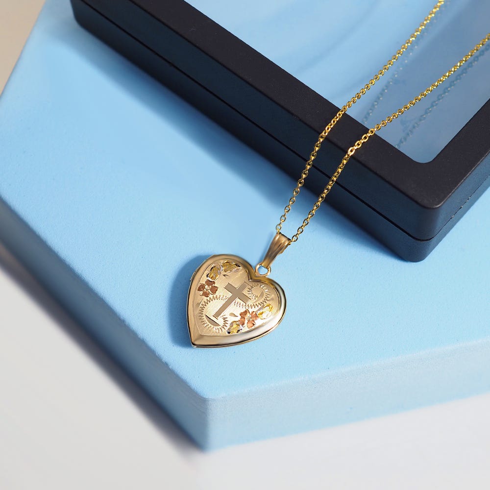 Yellow Gold Cross Heart Photo Locket