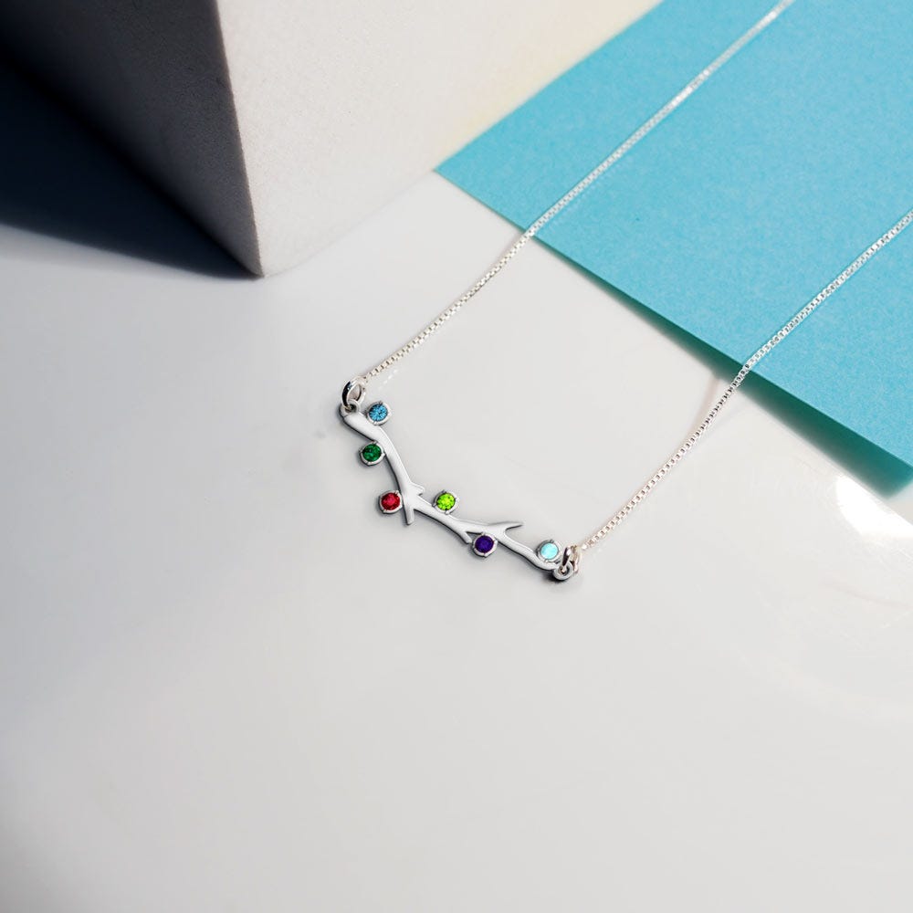 Personalized Family Tree Branch Pendant with up to 6 Birthstones w/ Chain