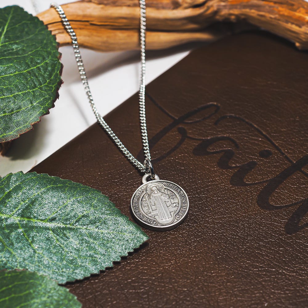 Antique Pewter Saint Benedict Medal w/ Continuous Curb Chain