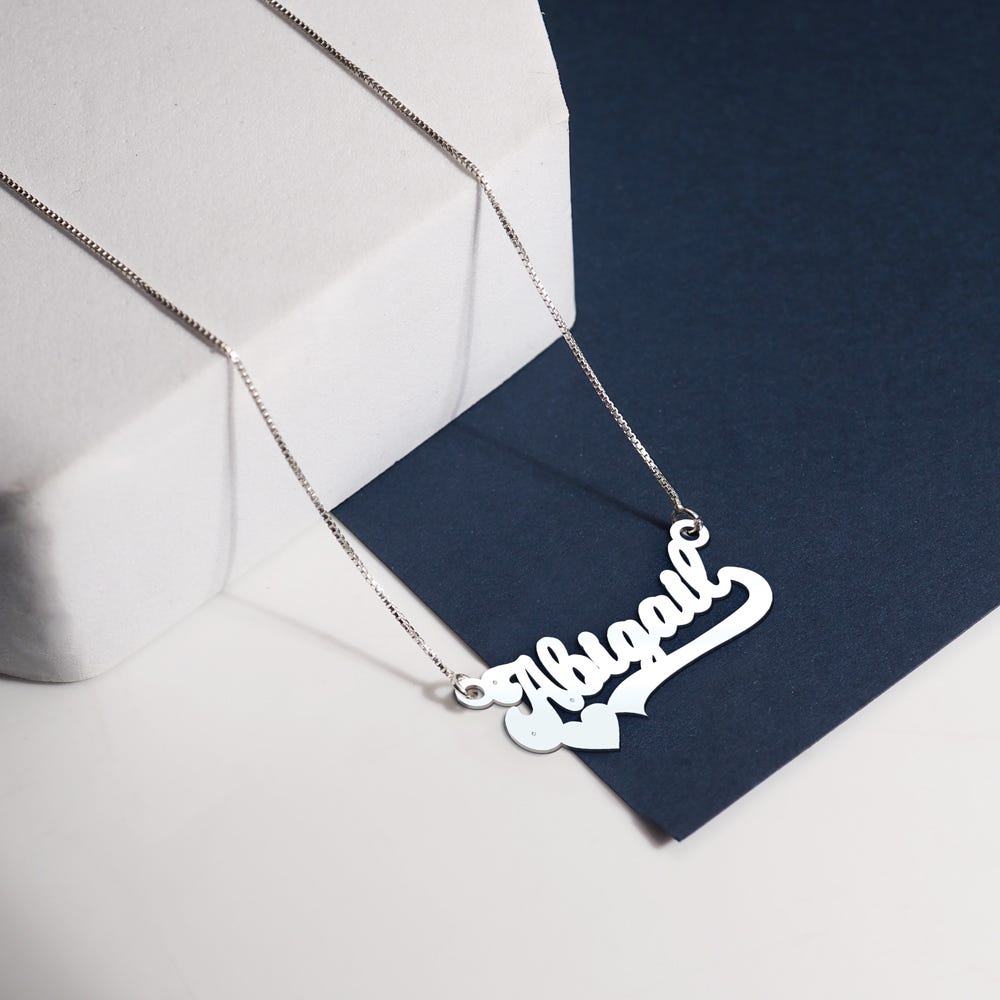 Modern Script Heart Name Necklace with 3 Cubic Zirconia Chain Included