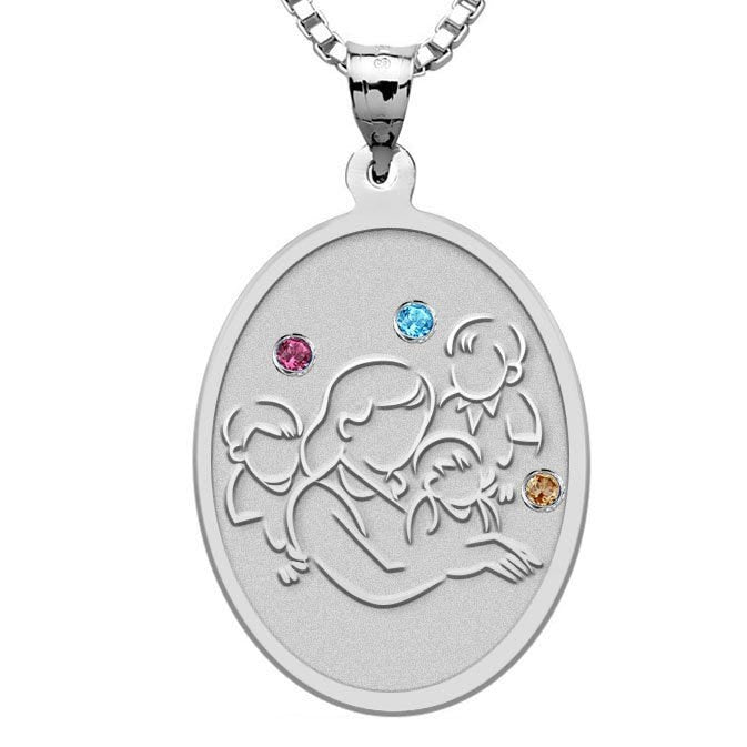 Mother with Three Sons Oval Pendant - with Birthstones