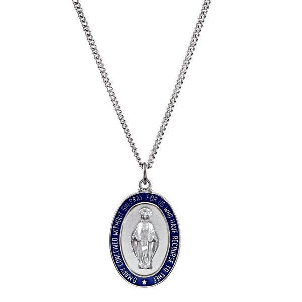 Sterling Silver Miraculous Medal With Blue Enamel