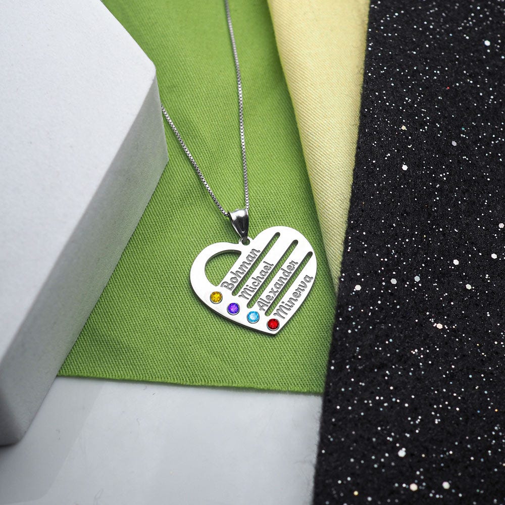 Personalized Heart Family Pendant With 4 Birthstones & Names - Includes 18 inch Chain
