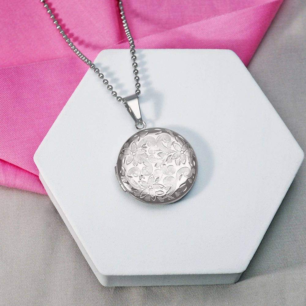 Round Floral Photo Locket with 18" Chain