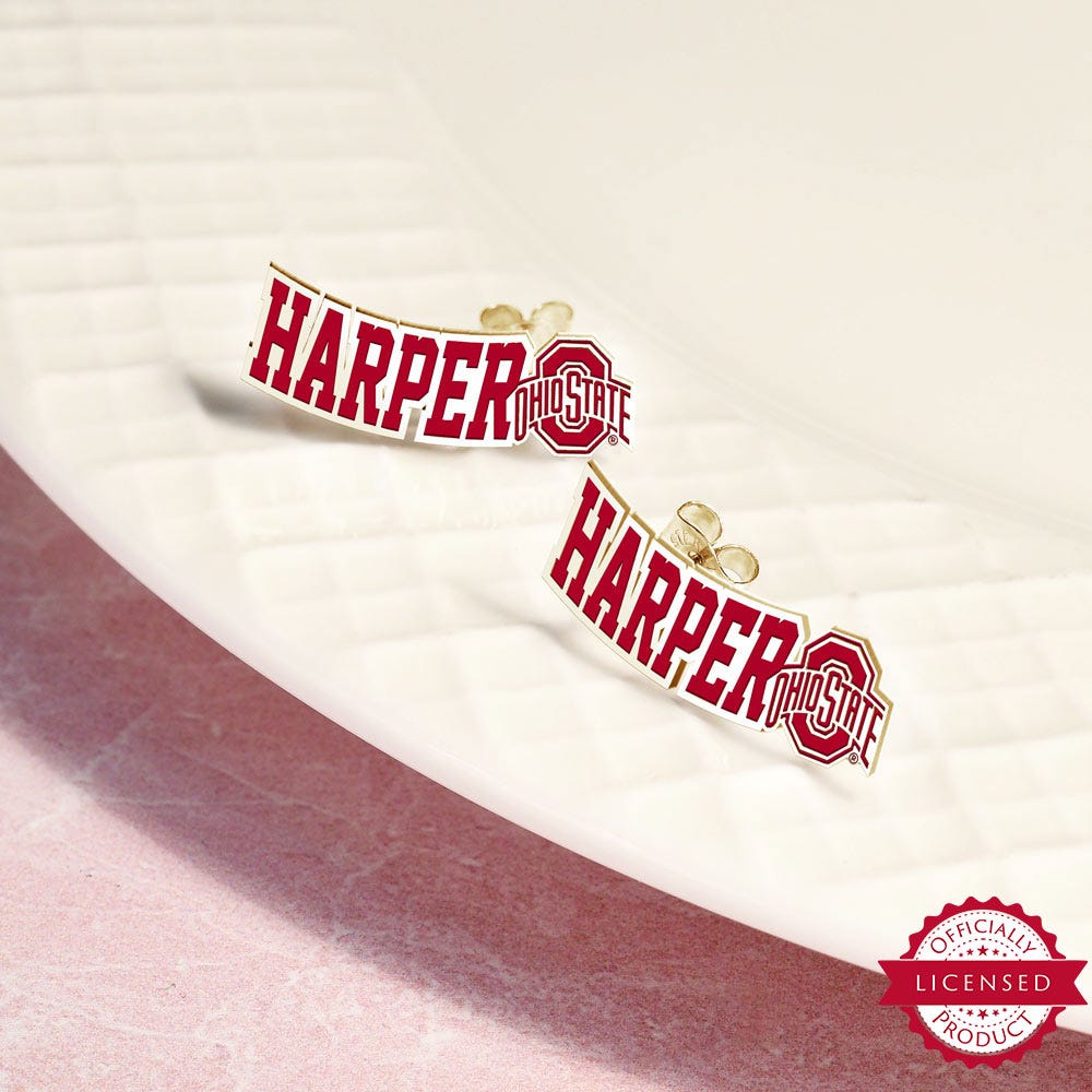 Personalized Pair Of Color Enamel Ohio State Logo with Horizontal Name Earrings