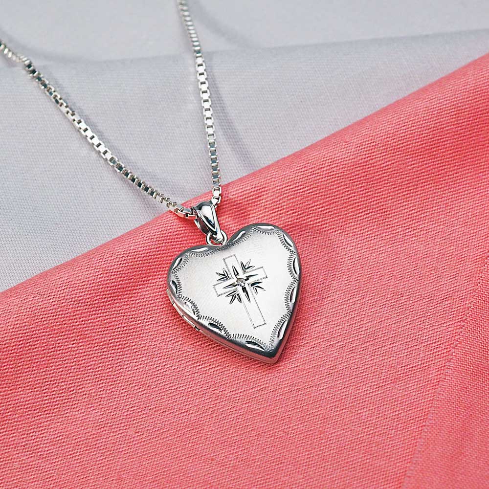 Sterling Silver Cross Heart Photo Locket with CZ