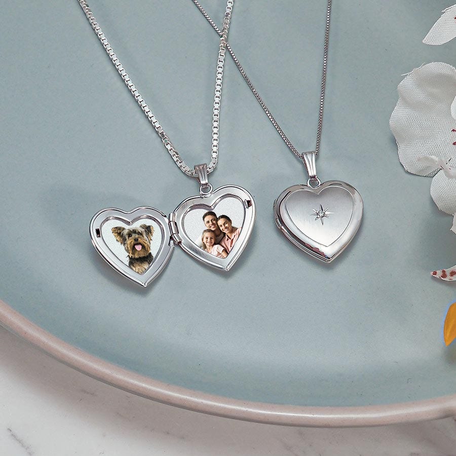 14k White Gold Heart Photo Locket with Diamond