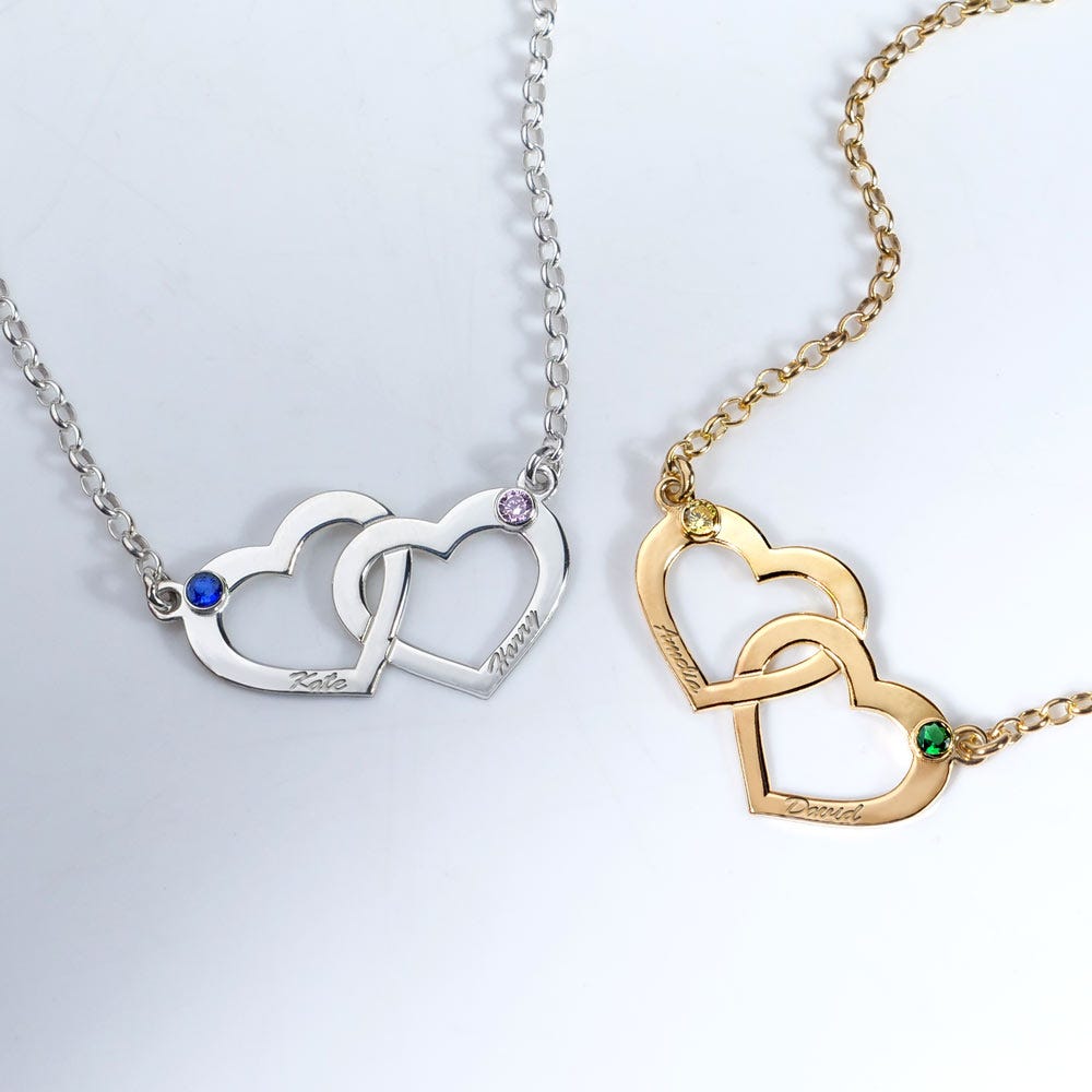 Interlocking Heart Necklace with Two Birthstones & Two Names