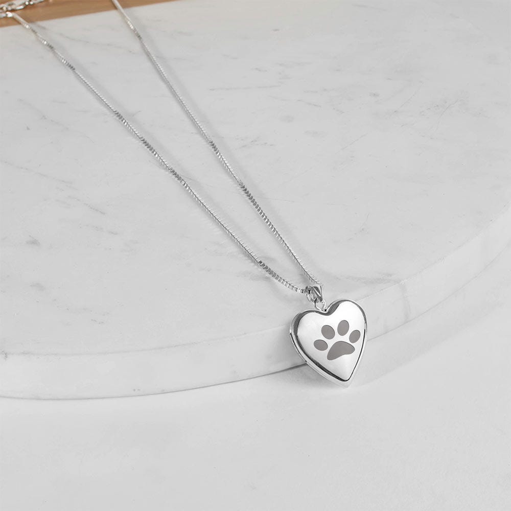 14k White Gold Dog Paw Print Heart Photo Locket