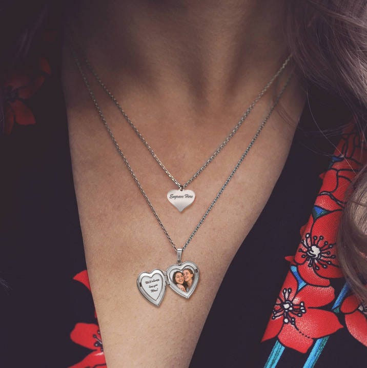 Sterling Silver Layered Necklace Set with Heart Photo Locket