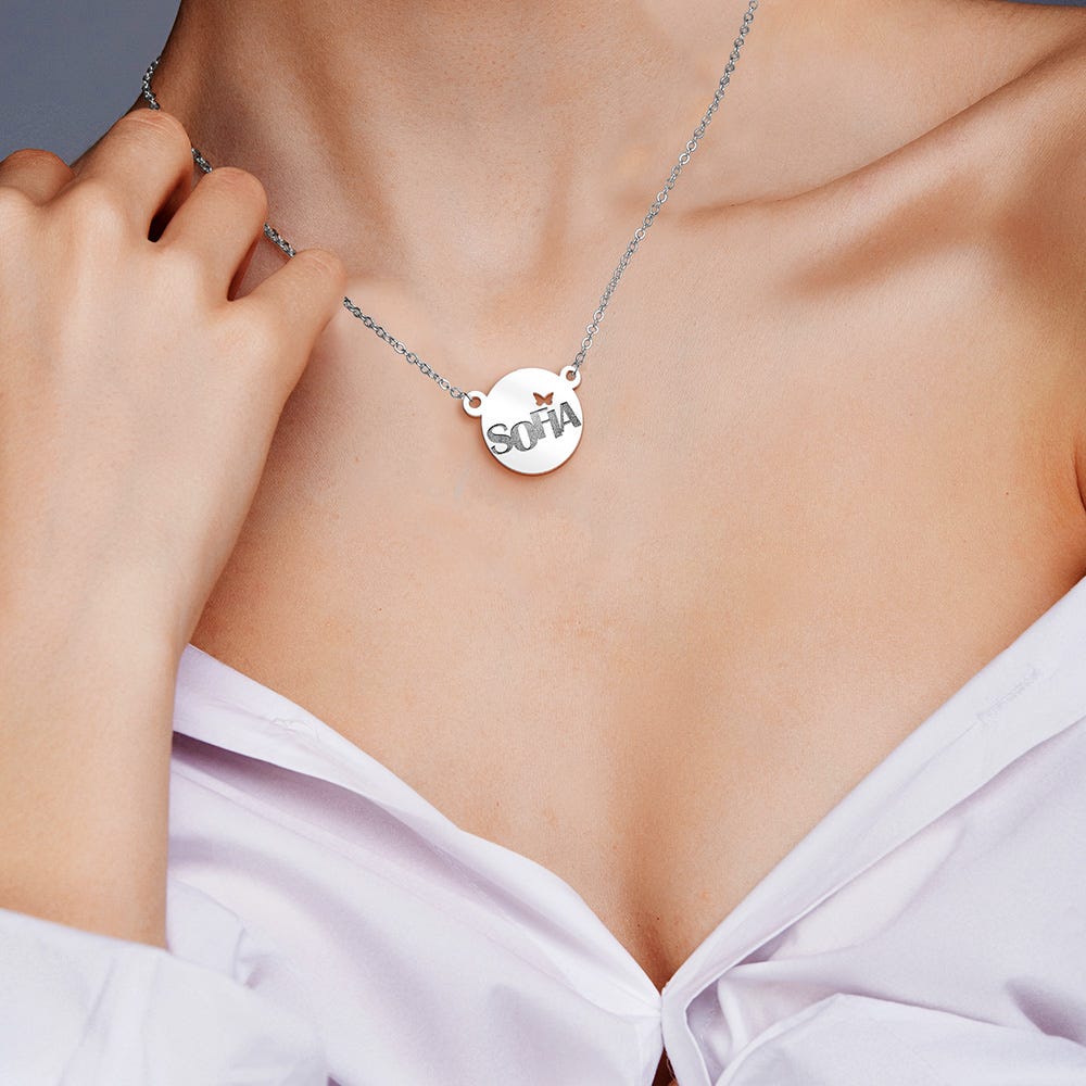 Modern Dianty Round Name Pendant w/ Butterfly Cut-Out